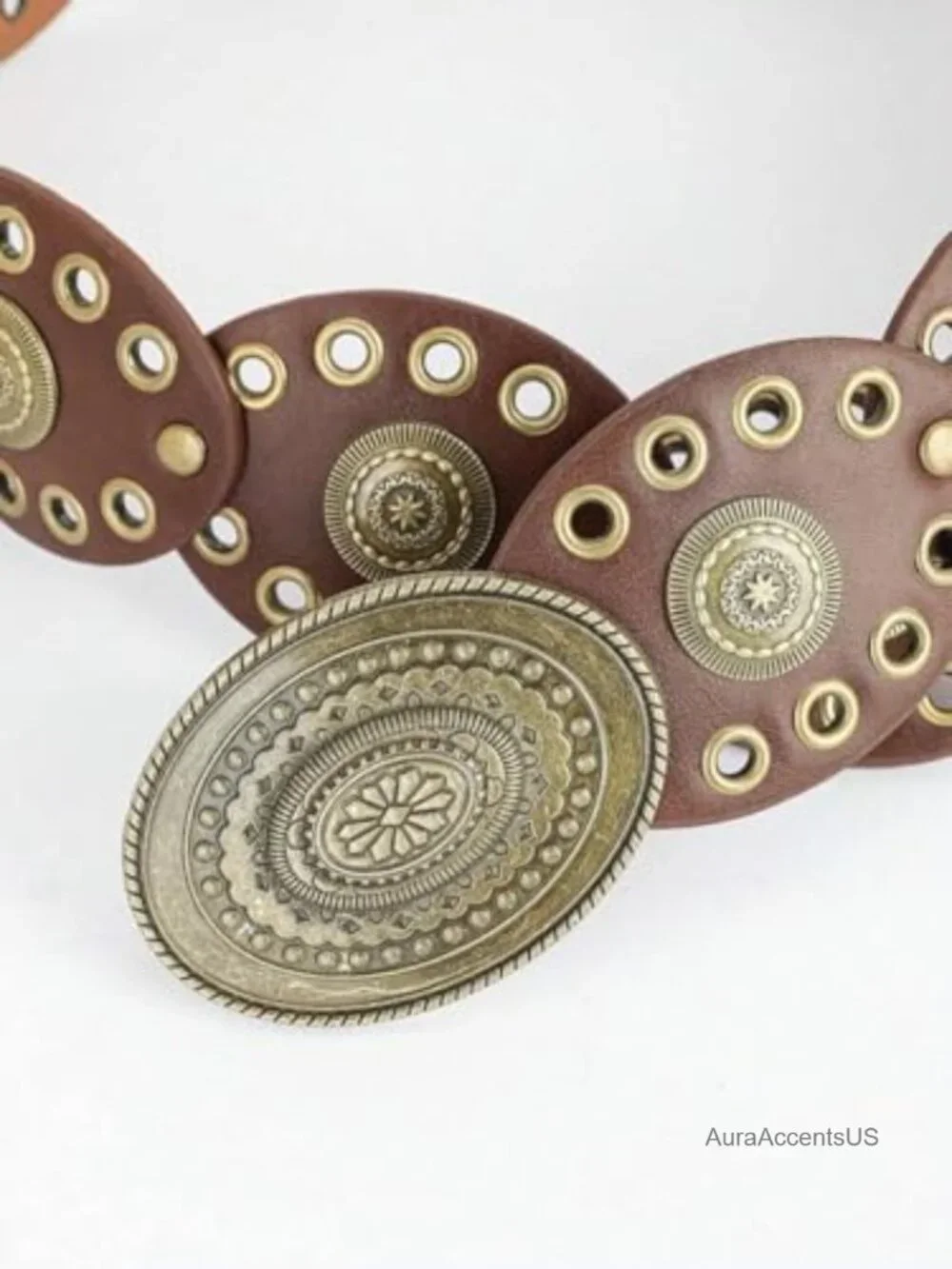 Vintage Western PU Leather Belt Concho Buckle Wide Waist 38